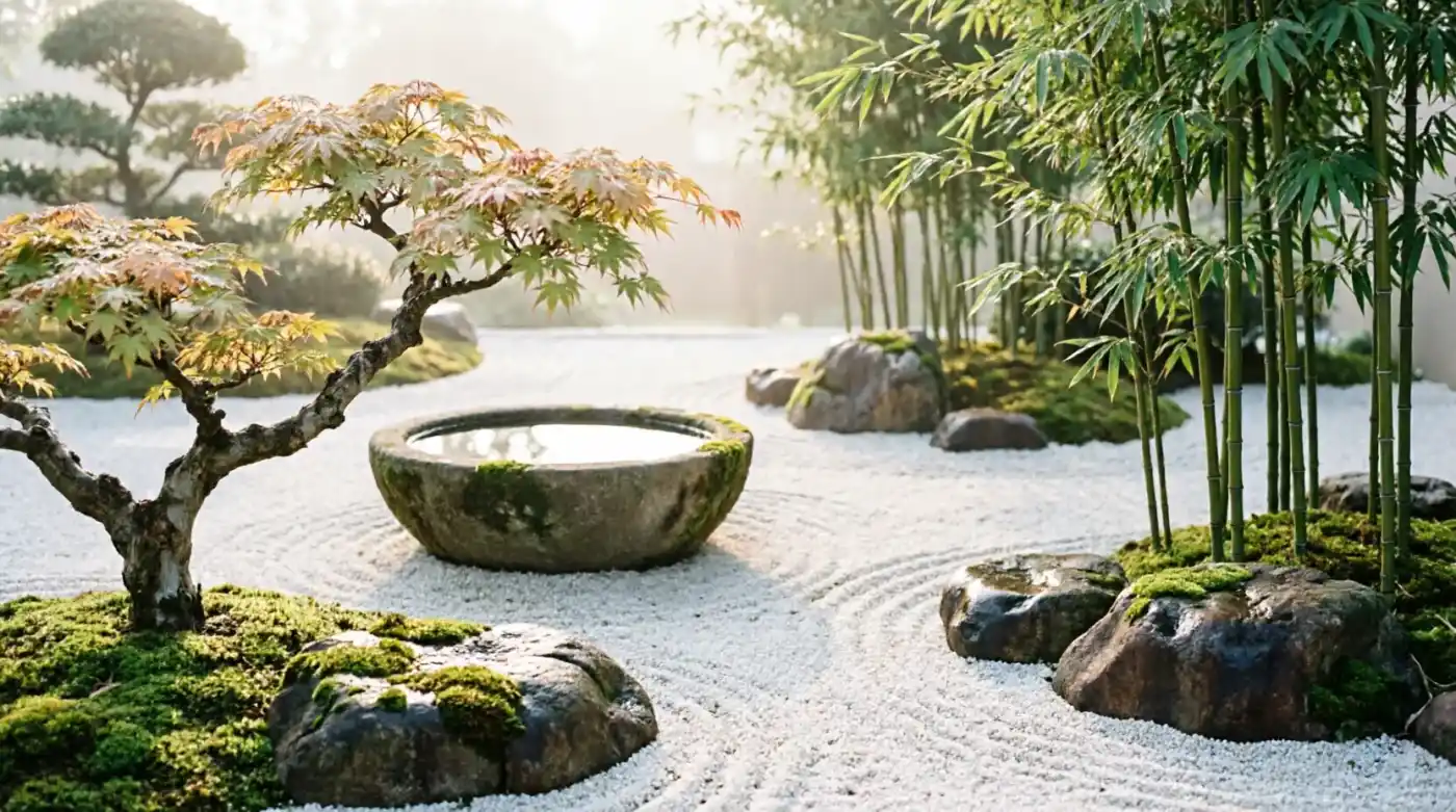 Jardin zen avec fontaine