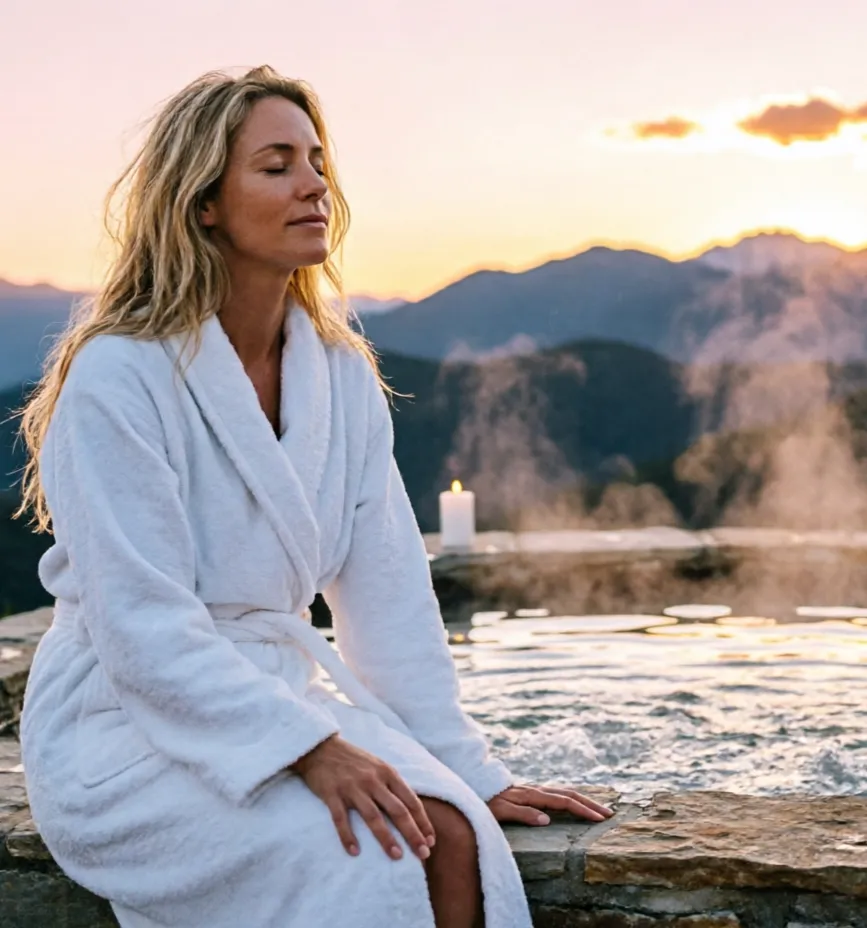 Espace wellness premium avec jacuzzi extérieur au coucher du soleil